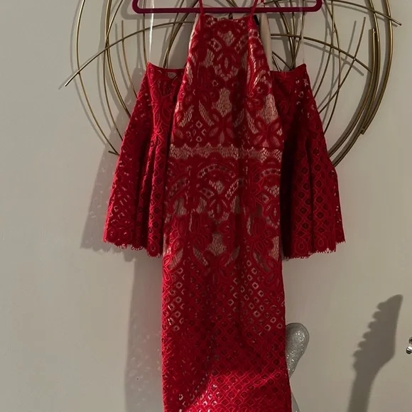 red and nude lace dress Red Sheer Lace Maxi Dress Red L